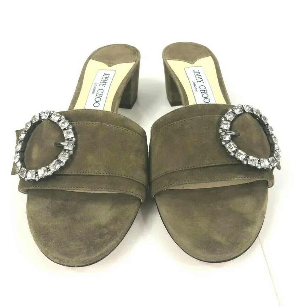 Jimmy Choo $700 Granger 35 Embellished Suede Sandals Green Brown 40